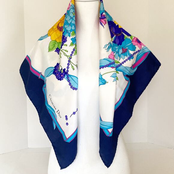 DIOR Silk Scarf Floral Print 34" x 34" Blue White - Picture 11 of 14